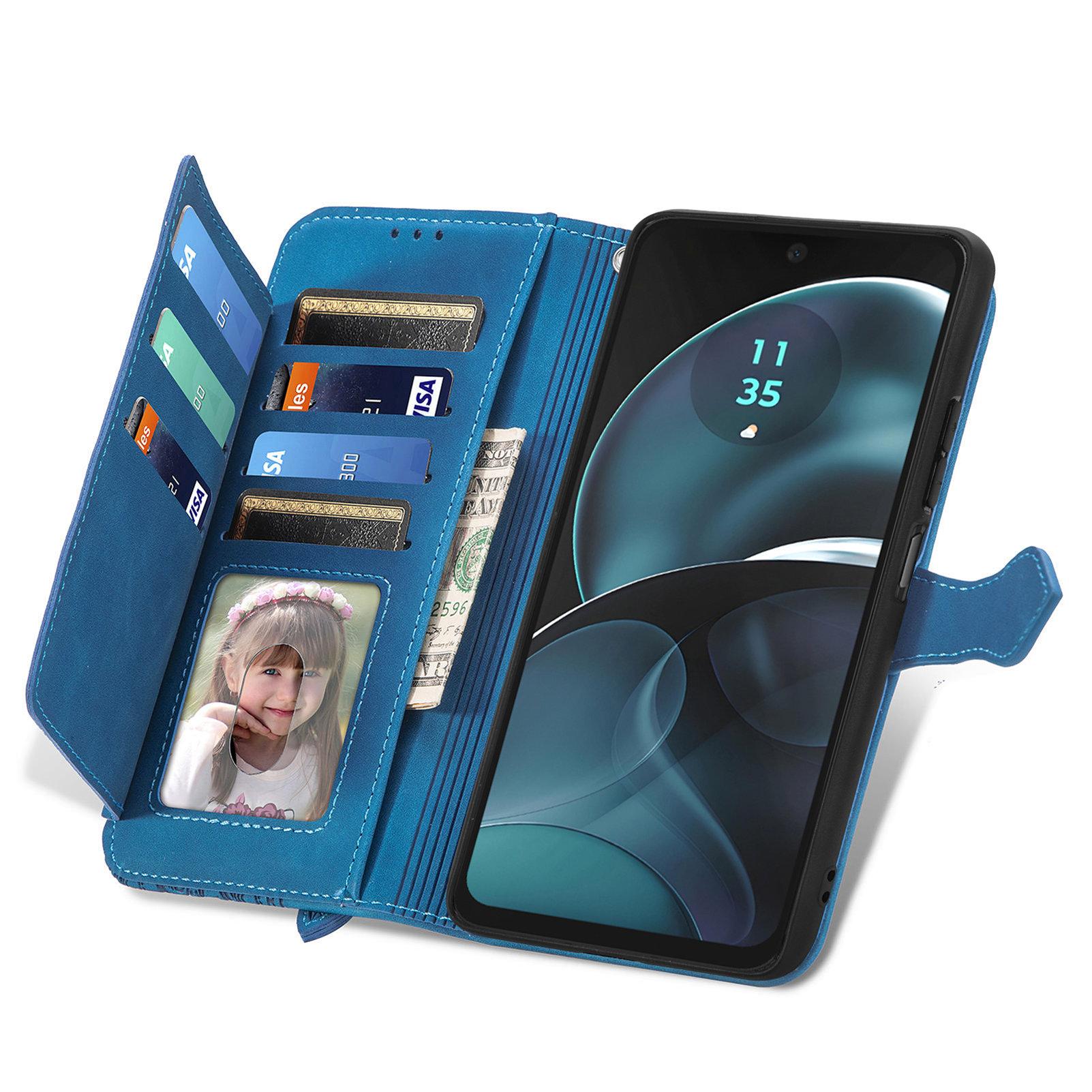 

For Motorola Moto G14 4G Zipper Wallet Case with Strap Flower Imprint PU Leather Phone Cover Blue