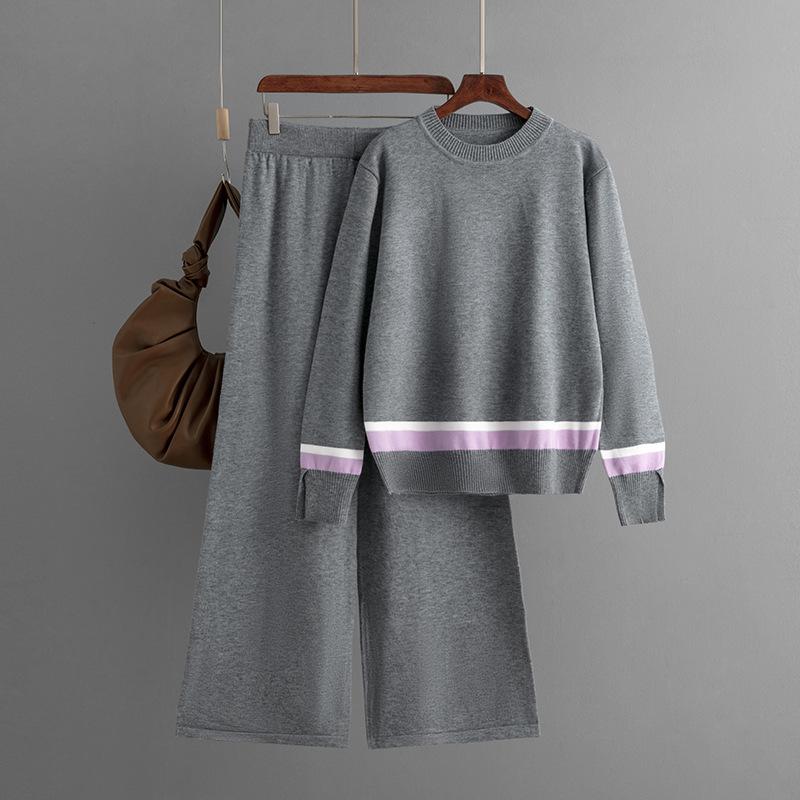 Autumn and Winter New Contrasting Color Knitted Wide-leg Pants with Loose and Thin Striped Knitted Two-piece Suit for Women