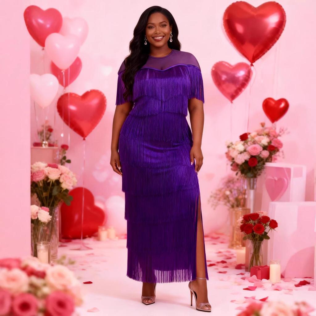 Falda Transparente con Borlas y Abertura Lateral de Cuello Redondo para Mujer Tallas Grandes - Vestido para Fiesta de Vino y Banquete