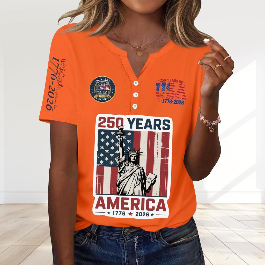Women's Fashion Casual 250th Anniversary Independence Day Print V-Neck Short Sleeve Decorated Button-Up T-Shirt