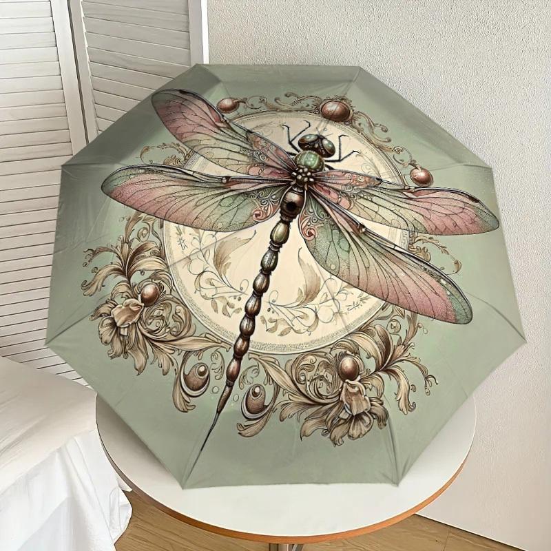1PC dragonfly floralAutomatic Open/Close Umbrella with Windproof, 8-Rib Sturdy Canopy, Durable Ribs, Fashionable Design1211A