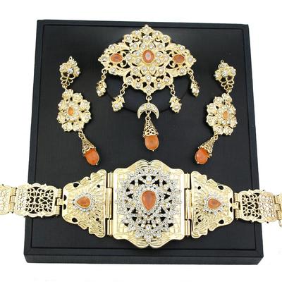 Braut Schmuck Sets Gold Farbe Orange Kristall Brosche Frauen Ohrring Taille Kette Gürtel Hochzeit Schmuck
