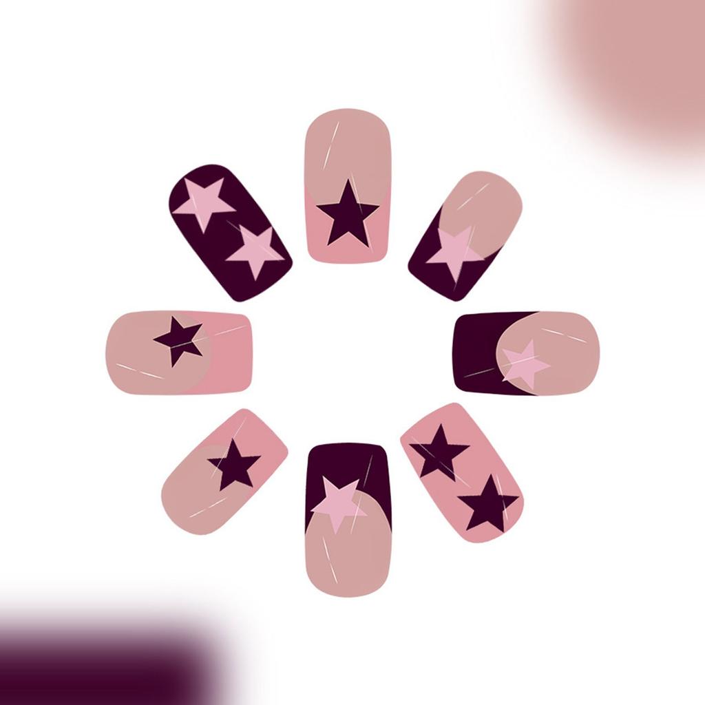 Unghie Finte a Pressione a Forma di Bara French Tip Unghie Finte Colla su Unghia Design a Stella Unghie Finte Unghie Artificiali