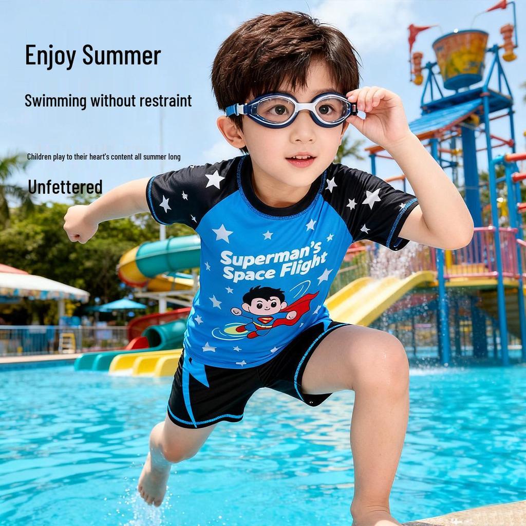 Boys' Cartoon Superman Blue Two-Piece Swimsuit - Quick-Dry & Breathable for Pools