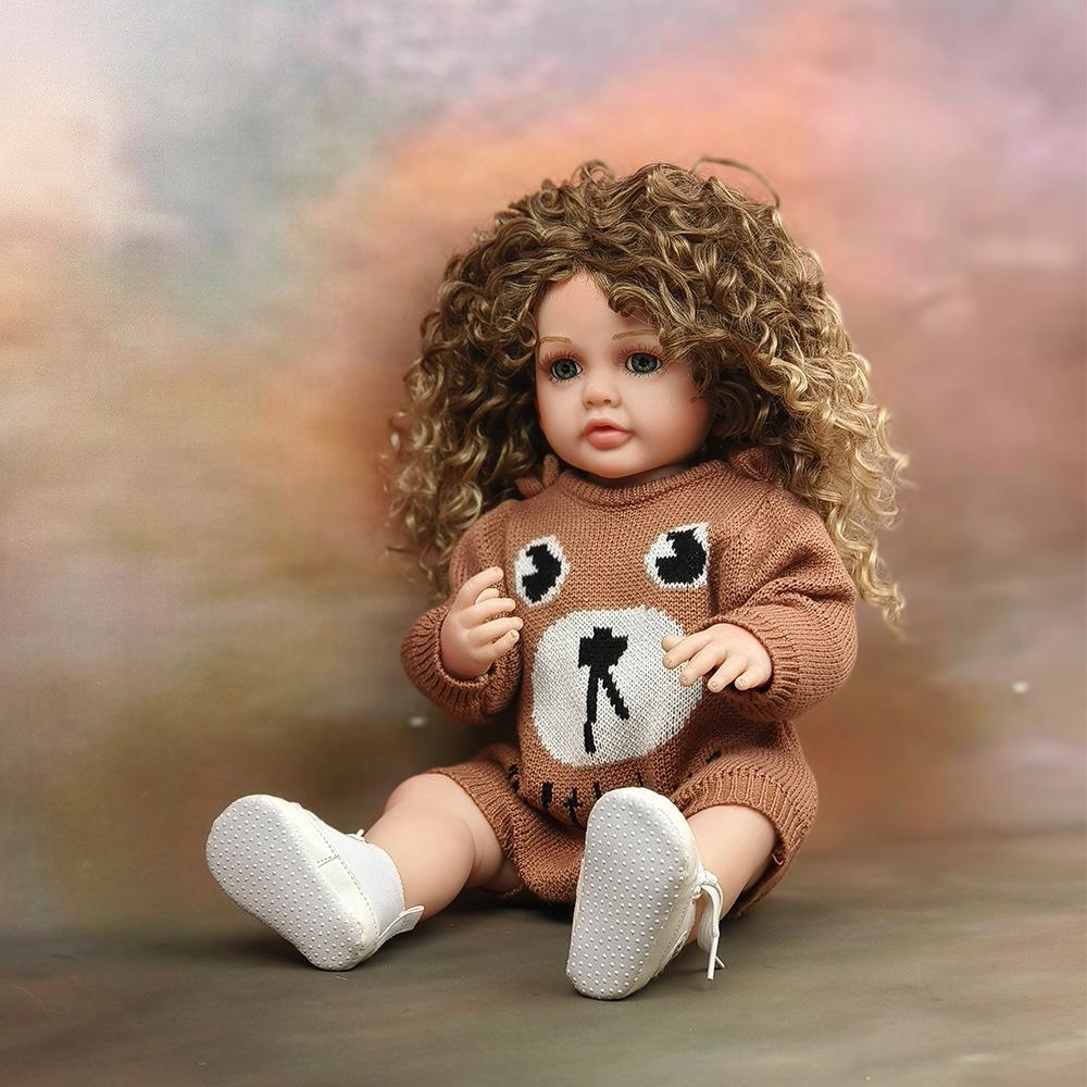 55cm Reborn Baby Doll Realistic Vinyl Girl Doll with Curly Hair Woolly Curls Cutie Knitted Outfit
