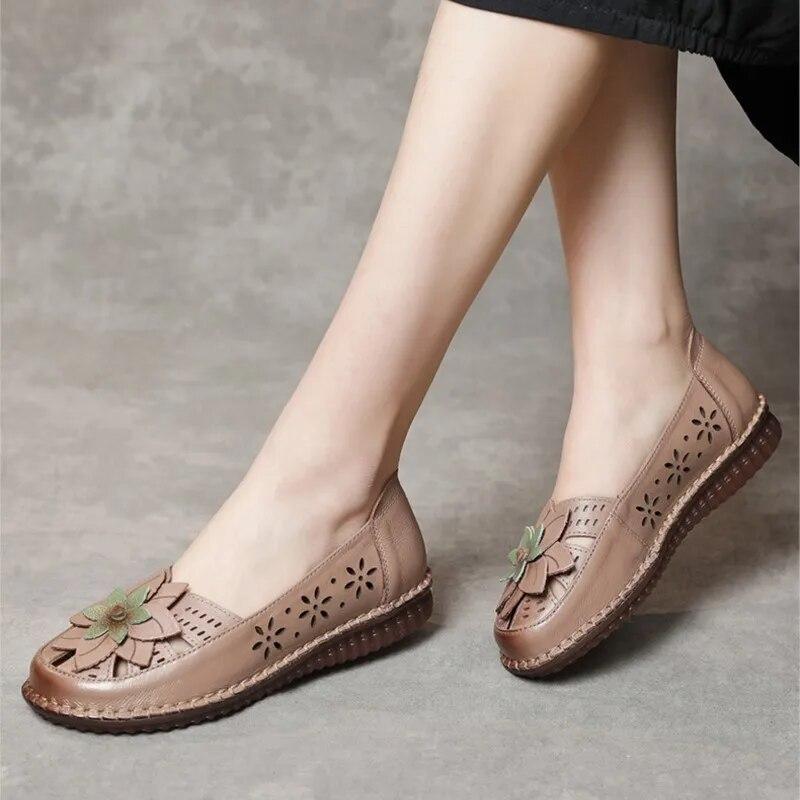 Johnature Ethnic Style Hollow Breathable Flat Sandals Genuine Leather Round Toe Soft Sole Women's Slip-on Shoes