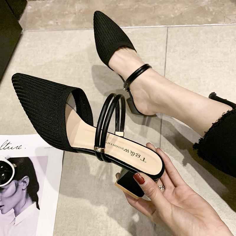 Baotou, One Shoe, Two Sandals, Women's 2025 Summer New Knitted High-heeled Stiletto, and One-word Cool Slippers