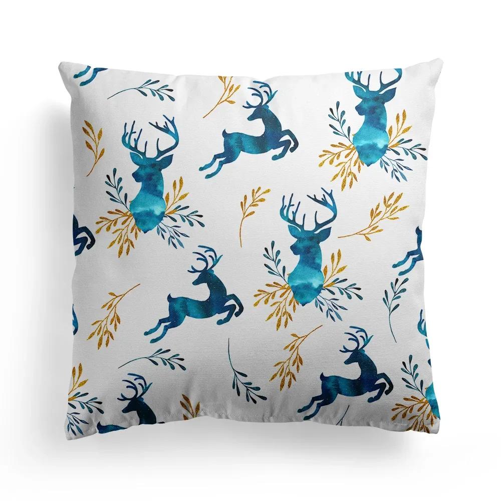 Home Decoration Christmas Blue Elk Plant Pillow House Polyester Cushion Cushion Decoración Navideña Funda De Almohada