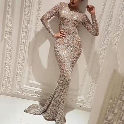 2025 Spring New European and American Foreign Trade Women's Clothing Amazon Bronzing Long Sleeves Elegant Slim Sexy Long Dress Evening Dress