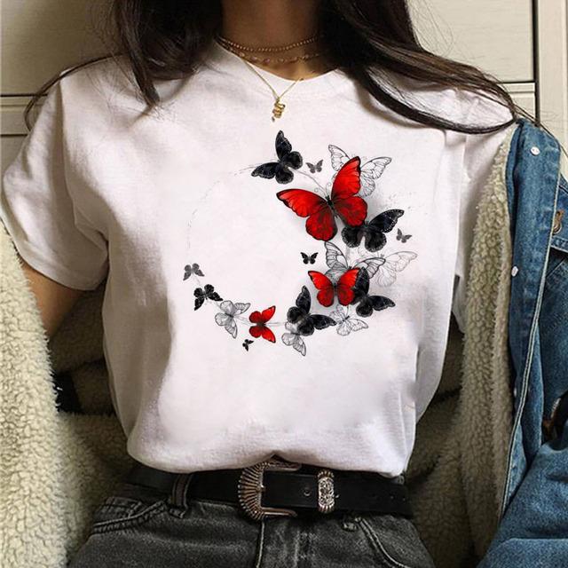Women Tshirt Watercolor Butterfly Print Tshirt Summer Female Tops Casual Short Sleeve T-Shirts Harajuku Graphic Tee Cute T-Shirt