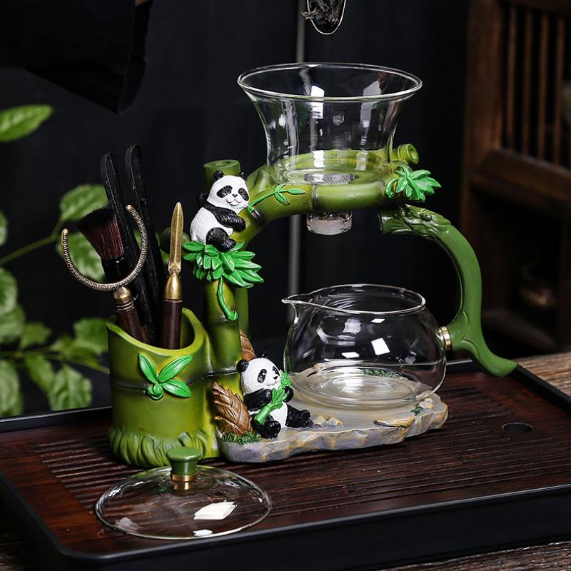 New Panda Bamboo Glass Teaware Sets Lazy Magnetic Teapot Teacup Home Kung Fu Tea Set Automatic Tea Maker