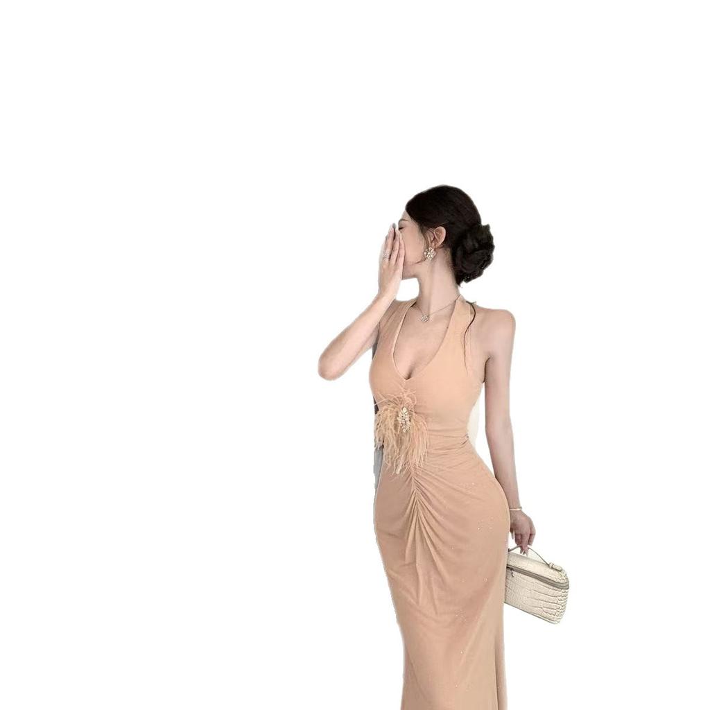 Fashion and sexy neck open shoulder waist pleated women's clothing summer pleated waist high-end light luxury medium and long dress