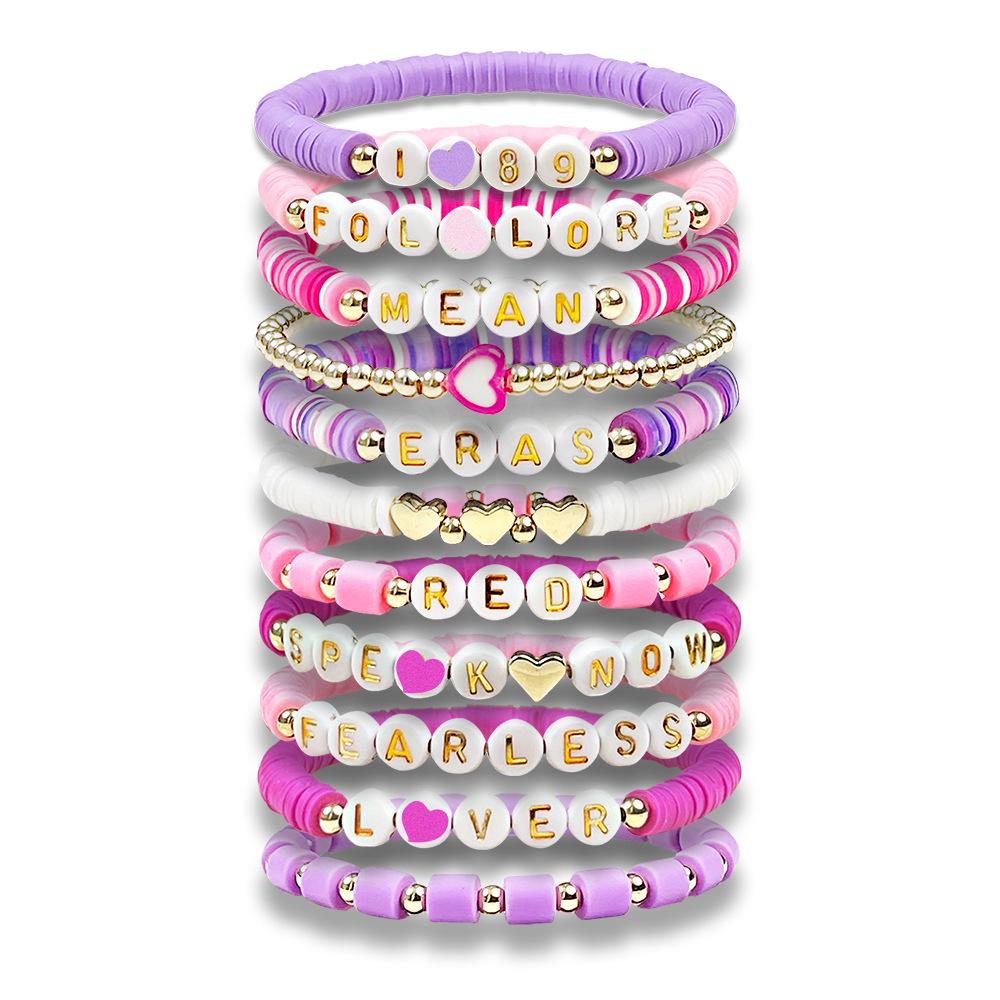Taylor Swift Friendship Bracelet: Pink Letters Inspired by Lover, Fearless, Anti-Hero, 1989, and Reputation.