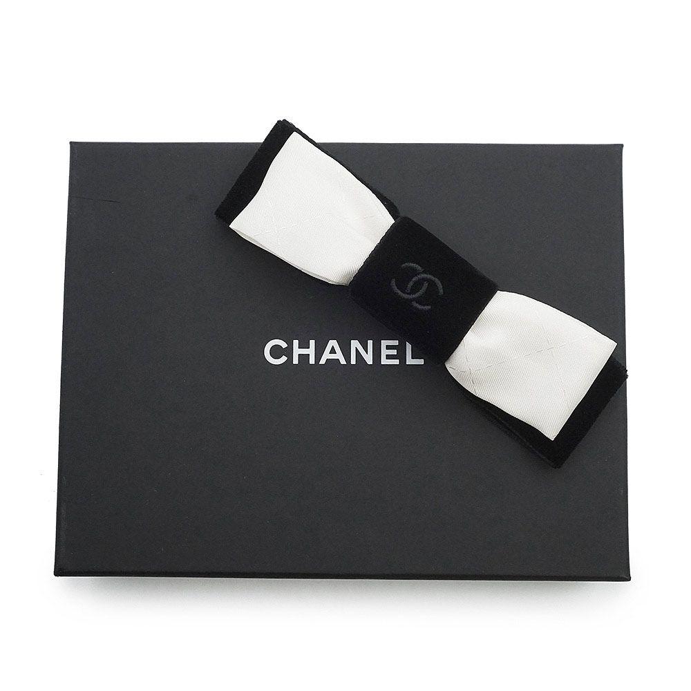 Used CHANEL AAA373 Ribbon Coco Mark Velour Silk Black White Barrette Hair Clip Hair Accessory Silver Hardware (New, Unused)