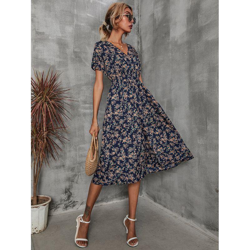 

Fashion V-neck Floral Red Waisted Short Sleeve Dress Dark blue L