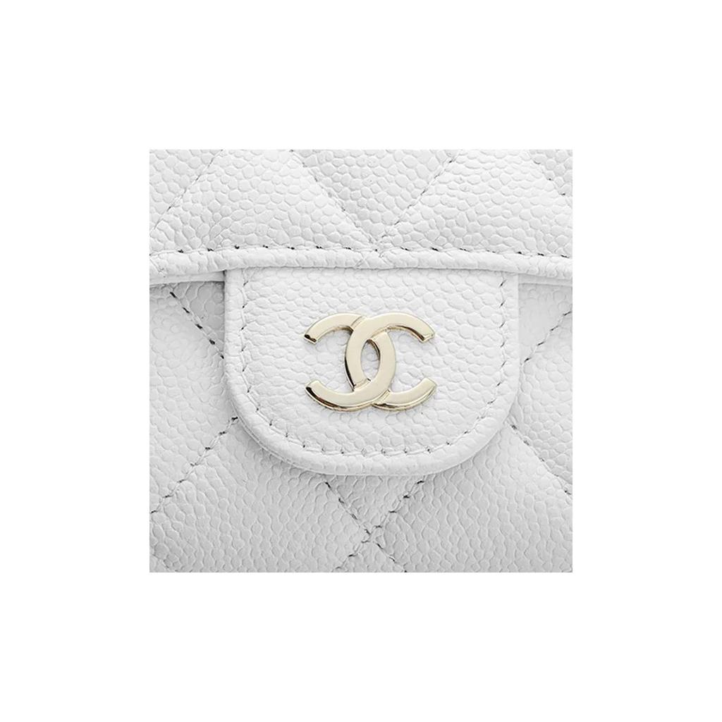 CHANEL 23C Classic Style Vertical Gold Label Double C Logo Quilted Pattern Shiny Grain Calfskin with Gold Metal Card Holder Small Female White