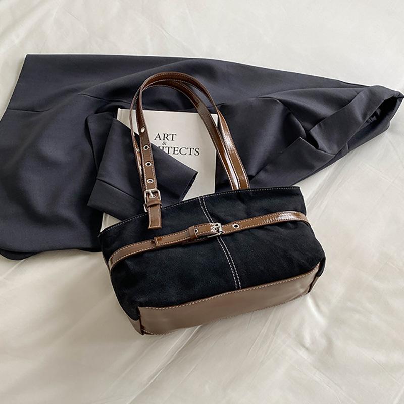 Retro Color‑Block Tote Bag, Metal Buckle Belt Accessory, Riveted Adjustable Shoulder Strap, Spacious Tote For Daily School, Office, Shopping Use