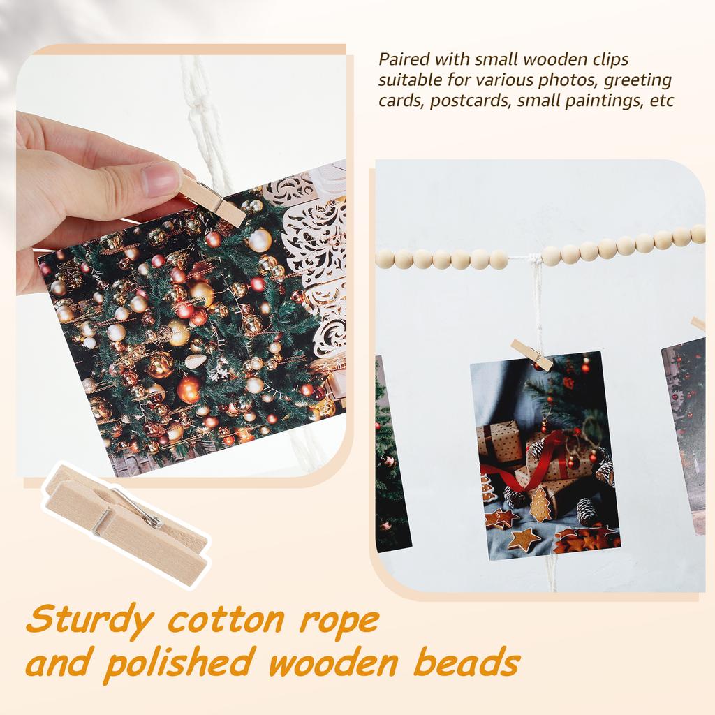 Wandbehang-Fotodisplay mit 45 Clips, dekorativer Collage-Bilderrahmen, DIY-Fotoschnur mit Holzperlen-Girlande für Schlafzimmer
