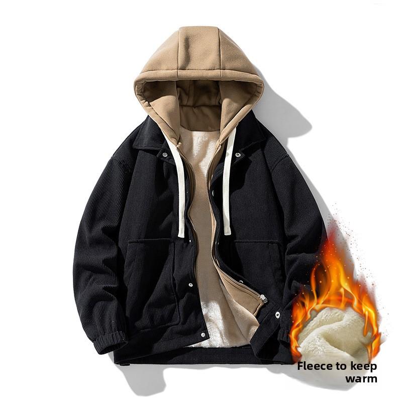 Cordjacke mit Kapuze für Paare mit dickem Samt für Herbst und Winter Herren Fake-Zweiteiler Hoodie-Jacke