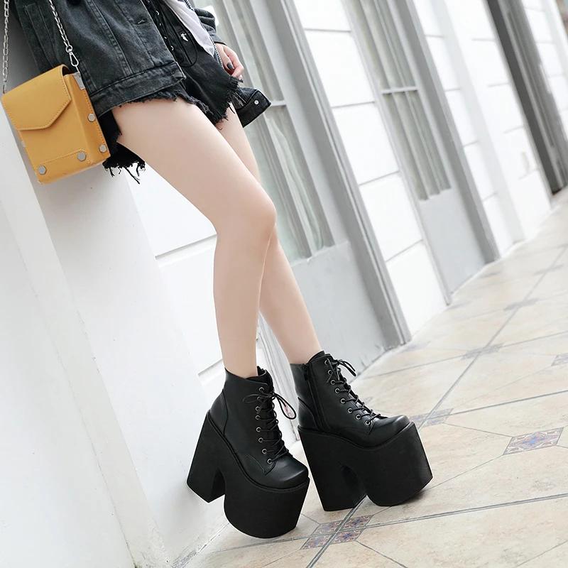 17cm Stiefel für Damen Mode Schwarz Stiefeletten Punk-Stil Herbst Cosplay Schuhe Hohe Absätze Goth Plateau-Stiefel Bottes Femme
