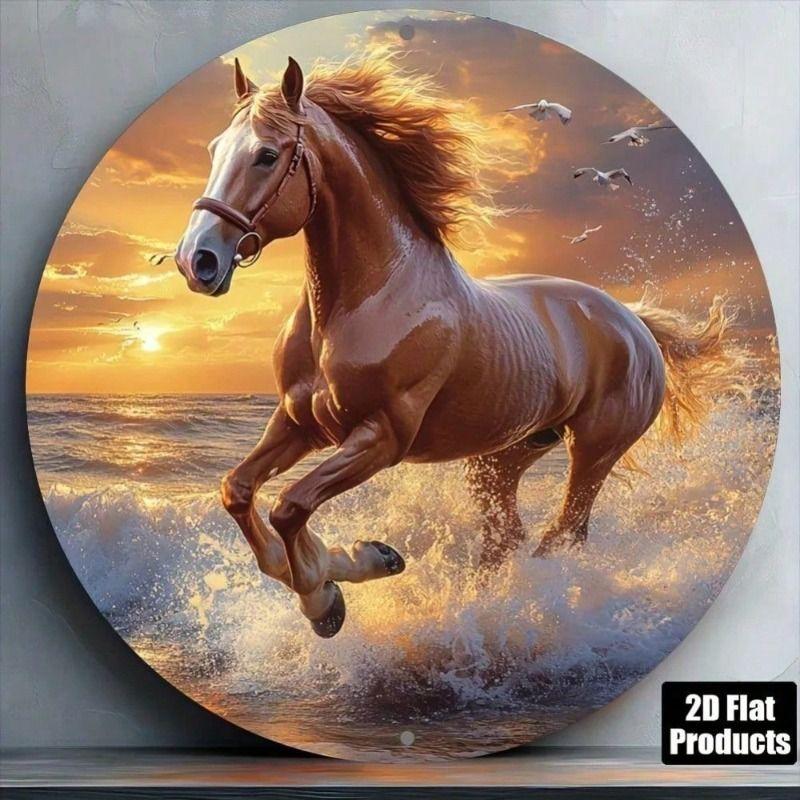 

Metal Wall Art Horse Running Round 8x8 Inch Aluminum Tin Sign Bar Pub Decor