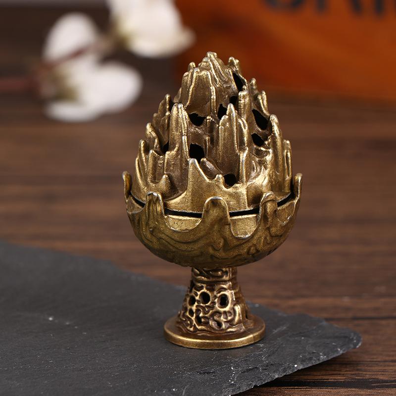 1Pc Retro Alloy Small Lotus Mountain Hollow Out Incense Stick Burner Incense Holder With Cover Home Decoration Crafts