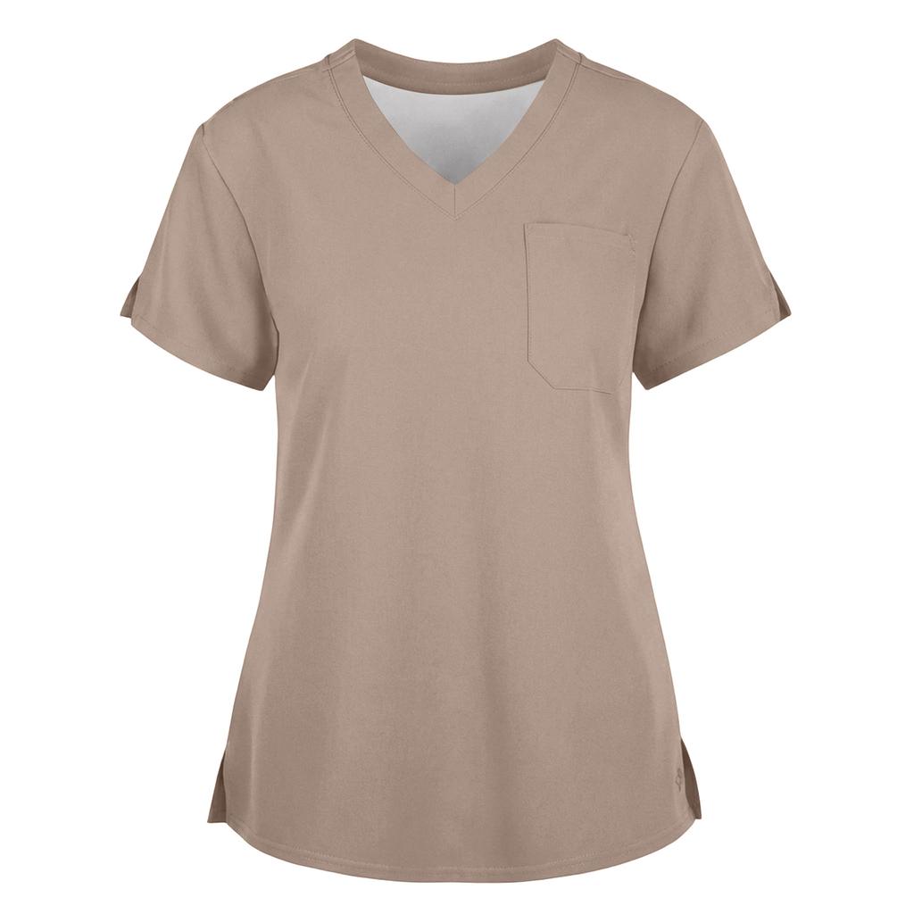 Women's Fashionable Loose-Fit Short-Sleeve V-Neck Workwear Blouse With Slit And Pockets