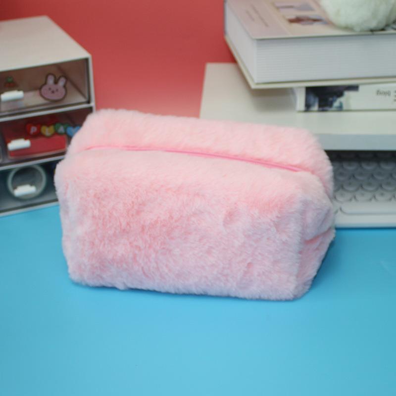Zipper Large Solid Color Cosmetic Bag Cute Fur Makeup Bag for Women Travel Make Up Toiletry Bag Washing Pouch Plush Pen Pouch