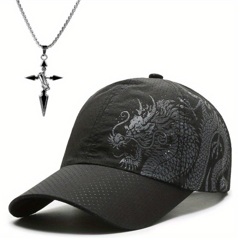 2pcs Men's Baseball Hat Necklace Set Fashion Dragon Print Quick Dry Mesh Sun Shade Sun Hat Cross Pendant Necklace