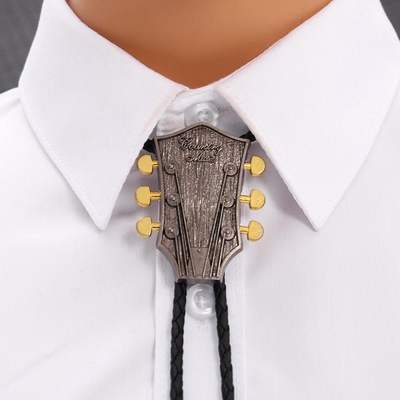 Handmade Retro Guitar Head Bolo Tie Necklace Men Women Western Cowboy Style Leather Chain Pendant Jewelry