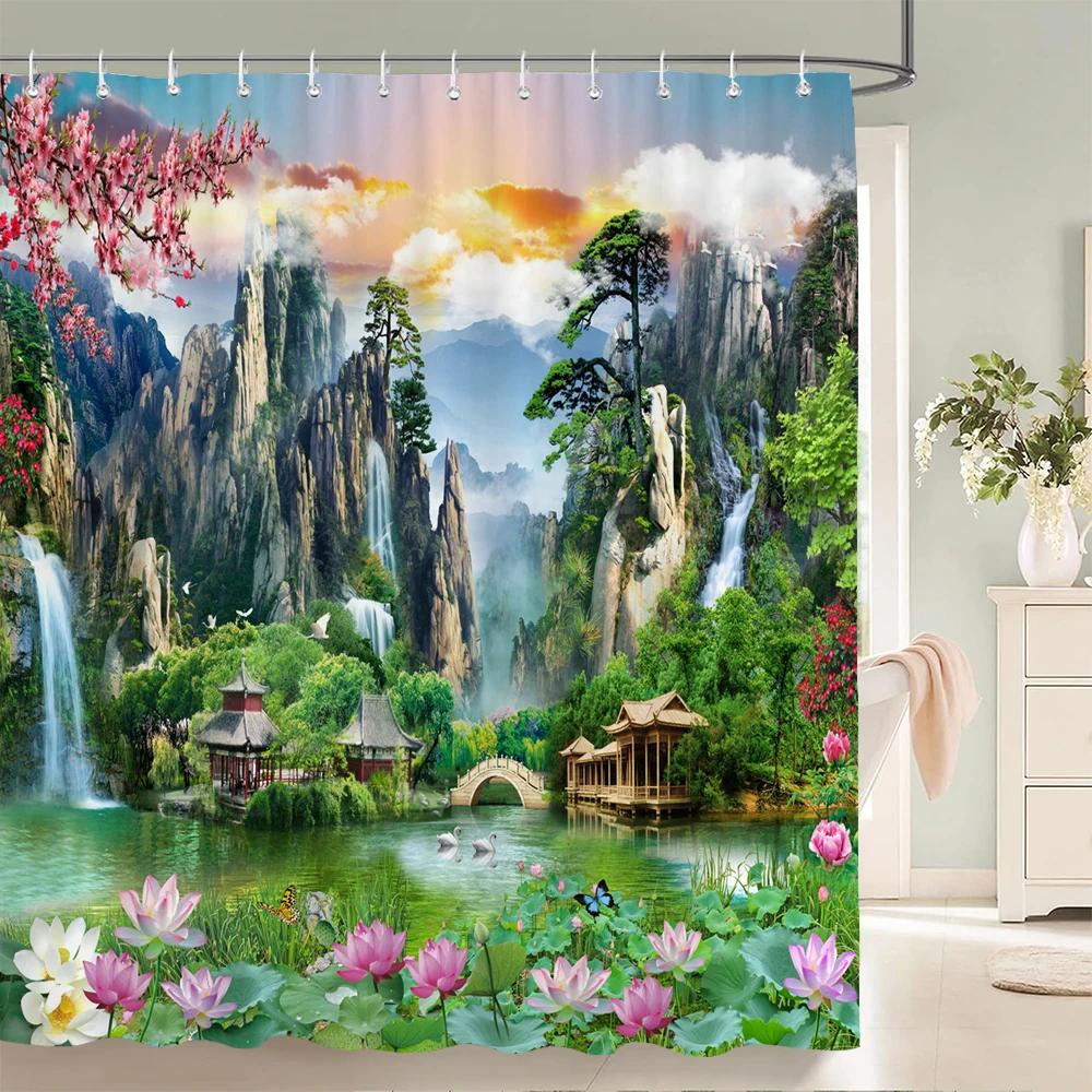 Chinese style Natural Waterfall landscape Shower Curtains Bathroom Curtain Waterproof Polyester Horse Bath Curtain with Hooks