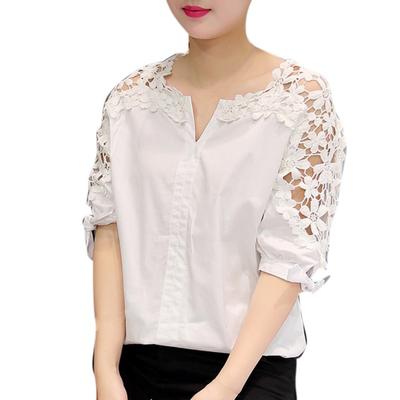 Women's Tops Lace Shirt Hollow Out Casual Short Sleeve Shirts Tops