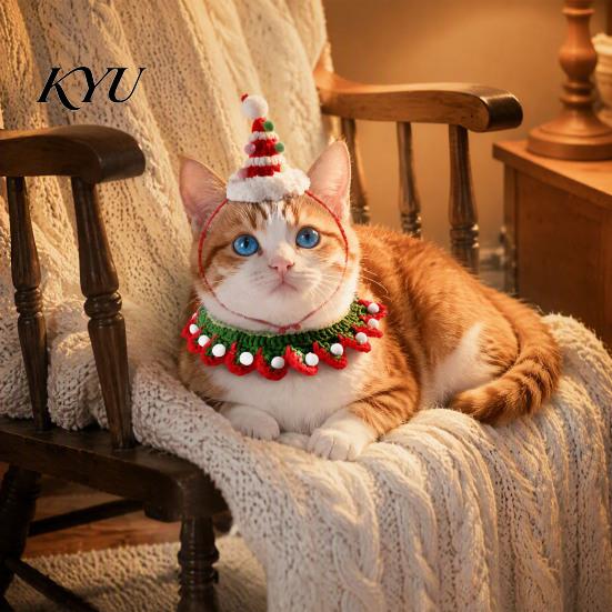 Festive Kitten Apparel Christmas Cat Costume, Knitted Bandana Pom-pom Hat, Cute Pet Costume Outfit for Holiday Party Winter Cats