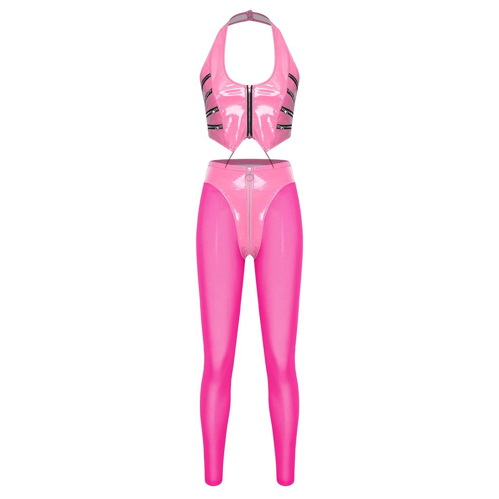 Women Glossy PU Leather Outfit Halter Crop Top Back Lace Up Multi Zip High Waist Leggings Y2k Clubwear
