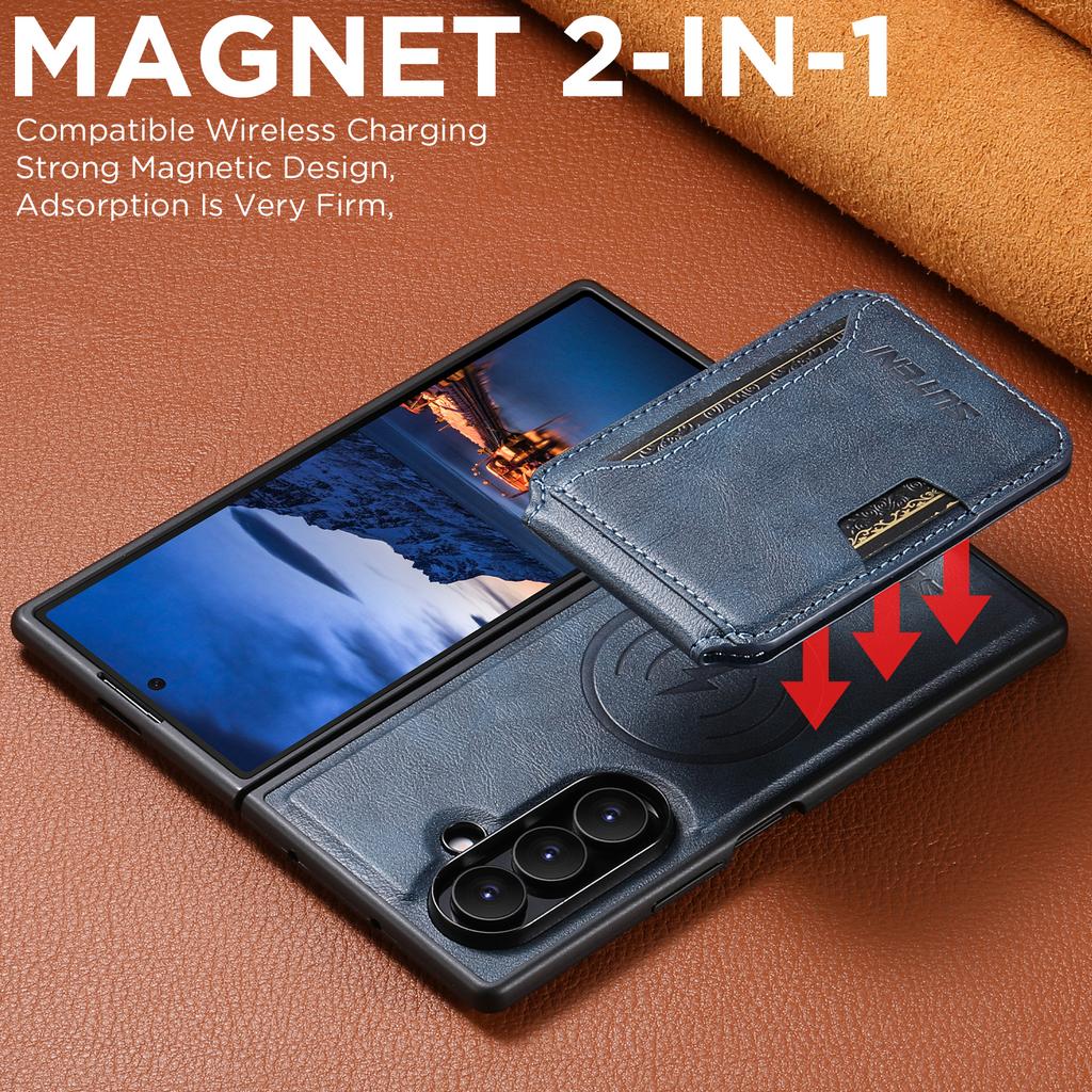 SUTENI for Samsung Z Fold 7 Phone Case Magnet Wireless Charging 2-in-1 Card Holder Stand Luxury Faux Leather Galaxy Z Fold 6