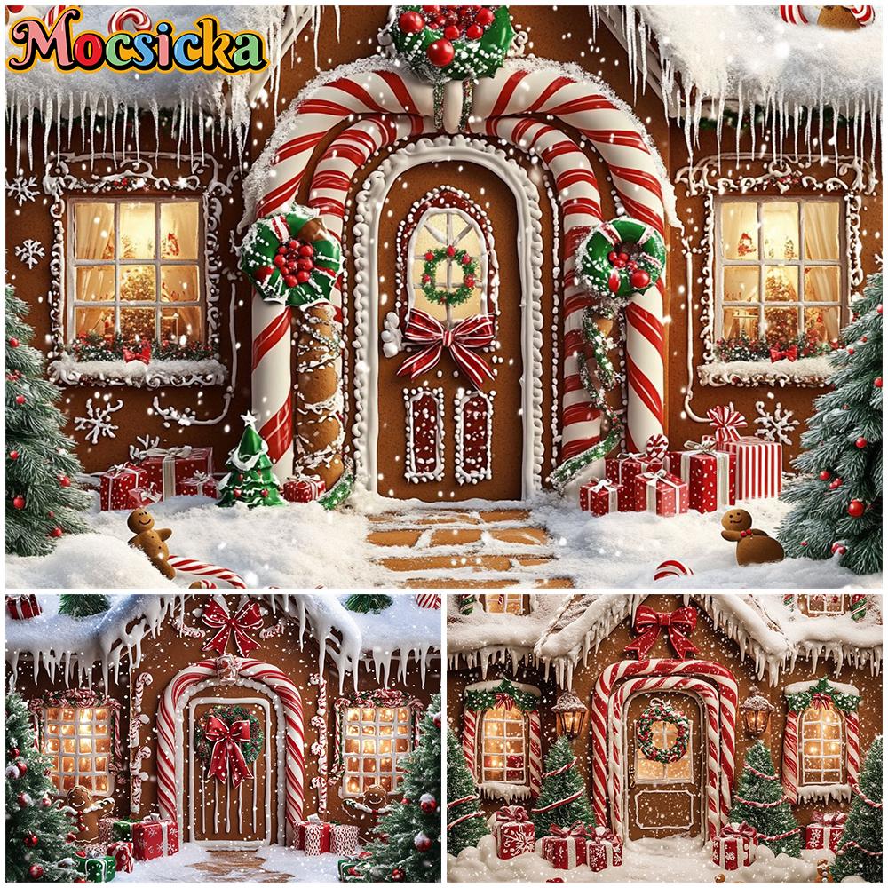 Mocsicka Christmas Candy House Background For Photography Gifts Tree Backdrops Red Bow Wreath Party Decorations Banner Photocall