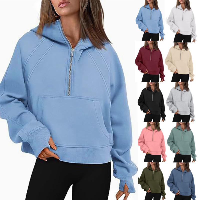 2023 Autumn/Winter Casual Sports Half-Zip Hooded Fleece-Lined Sweatshirt
