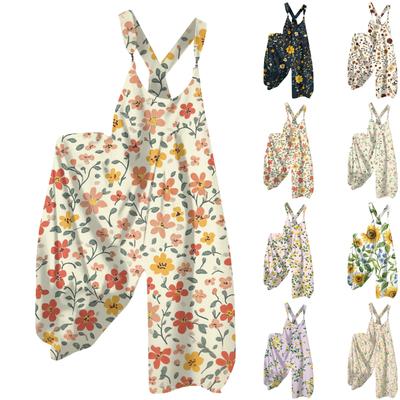 Damskie Letnie Ogrodniczki w Kwiatowy Wzór w Stylu Vintage (Nieregulowane paski)