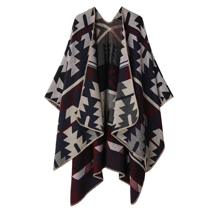Womens Faux Cashmere Knit Cape Shawl With Slit Opening Ethnic Geometric Winter Wrap Scarf