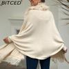 BITCED Fall/Winter Fringe Cape Shawl with Fur Collar Solid-Color Knit Sweater Jacket