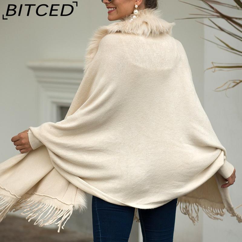 BITCED Fall/Winter Fringe Cape Shawl with Fur Collar Solid-Color Knit Sweater Jacket