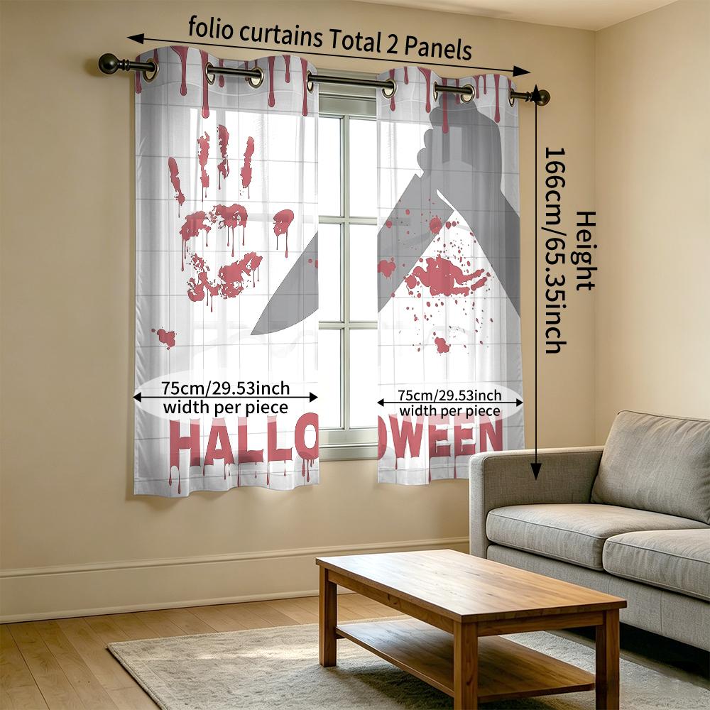 2Pcs Perforated Blackout Curtain Light Block Privacy Drape Living Bedroom Halloween Bloody Palm Knife Horror Window Decor