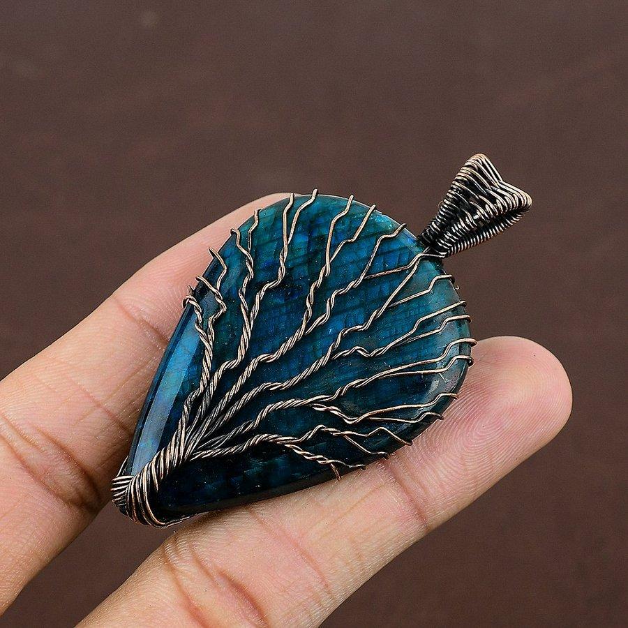 Blue Labradorite Handmade Copper Wire Wrap Jewelry Pendant 2.64" k2H36