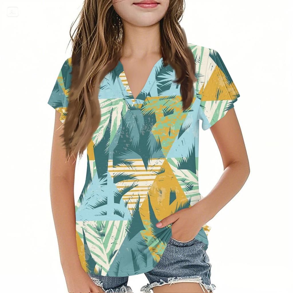 Summer Children's Casual Fashion Short-Sleeved V-Neck Hawaiian Girls' Top