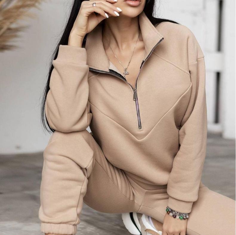 Spring And Autumn Fashion Casual Hooded Sweater Two-piece Long-sleeved Solid Color Fleece Casual Suit