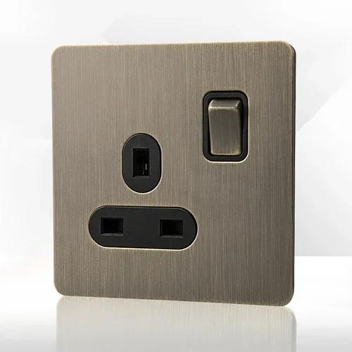 Retro Eu Metal Panel Wall Toggle Light Switch Socket,Bronzed Antique Stainless Steel German 16A Socket with USB Phone Charging