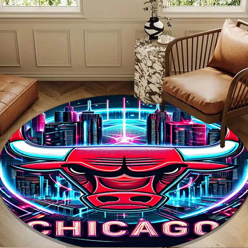 Chicago Neon Cityscape Round Rug for Livingroom,Bedroom, Palyroom, Chair Rug, Area Rug, Circle Carpet, Large Size Decor Fan Christmas Gift