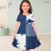 Girls Round Neck Short Sleeve Abstract Printed Blue Beige White A Line Flared Dress