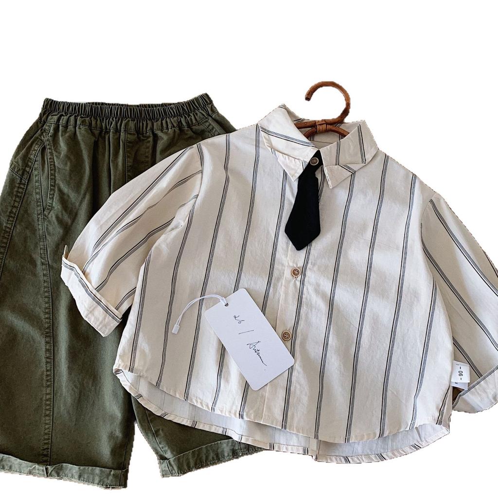 Boys Shirt Autumn New Korean Version Of Children'S Handsome Vertical Strip Tie Long Sleeve Shirt Baby Autumn Clothes