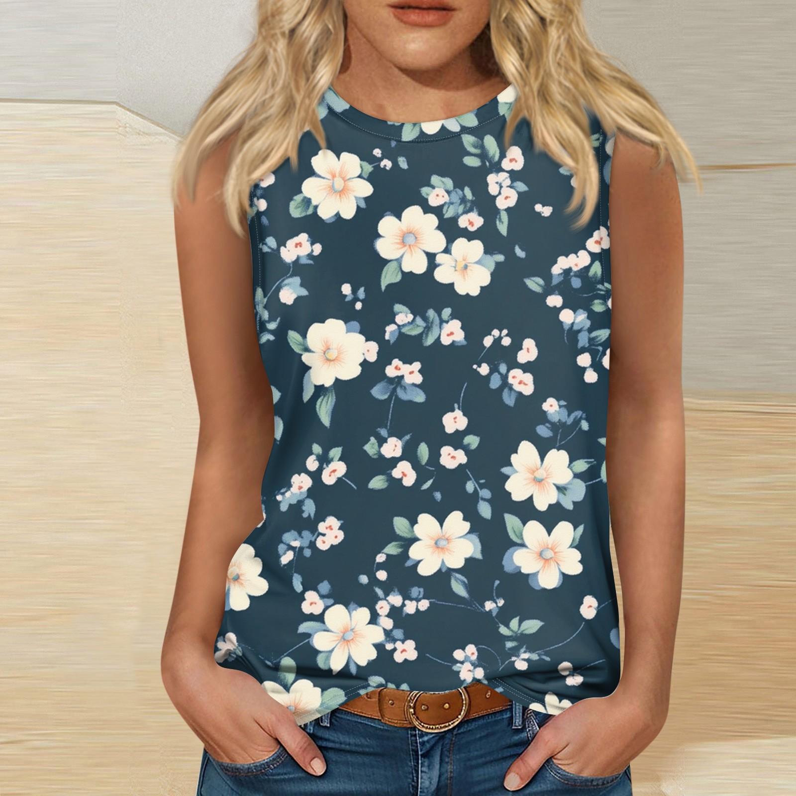 

Жіночі повсякденні туніки, які можна носити з легінсами без рукавів Літні принти Сорочки Майки Блузки M Темно-синій